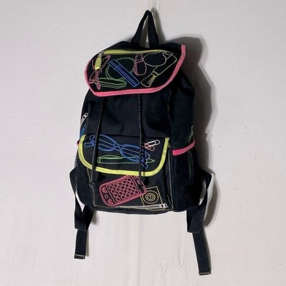Vintage Black With Neon Graphic Book Bag Backpack - Picture 1 of 14
